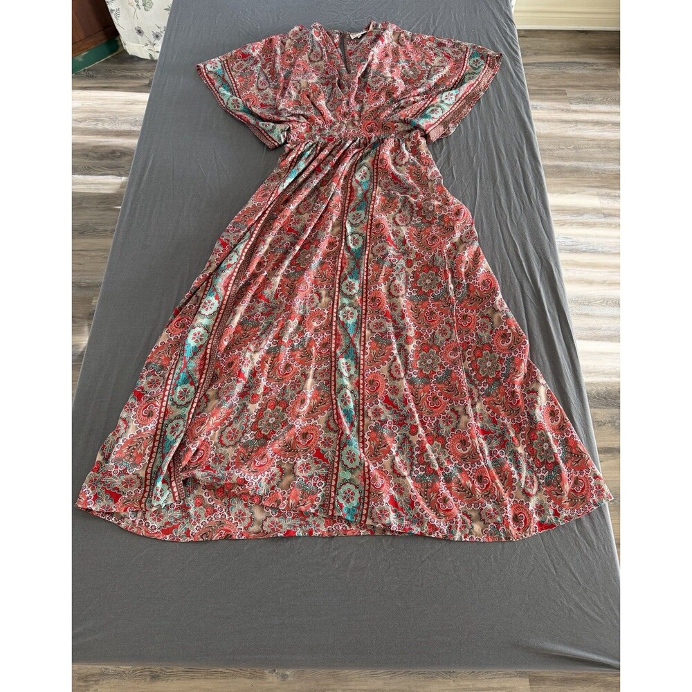 Boemo Paisley Boho Maxi Dress Size M Red Pink Blue Kimono Sleeve V Neck Kaftan